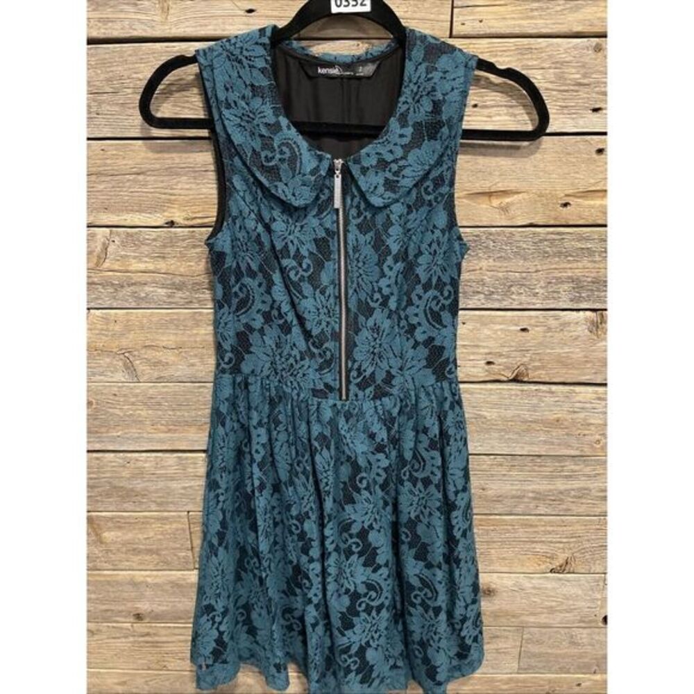 Women's Kensie Blue Green Lace Dress Peter Pan‎ Collar Front Zipper Size 2